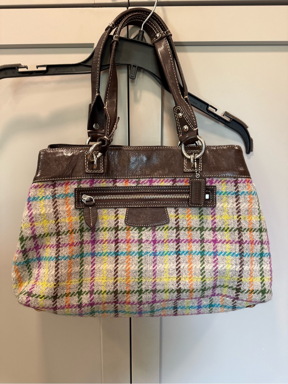 Coach Wool plaid satchel with Brown Leather Trim shoulder bag colorful